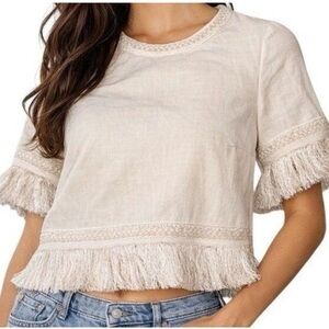 Boden Cream Fringe Trim Shirt Sz6 Embroidered Lace Detail Short Sleeve Boho Crop